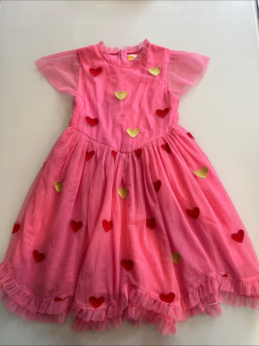 Mini Boden Pink Tulle Heart Party Dress with Red and Gold Hearts